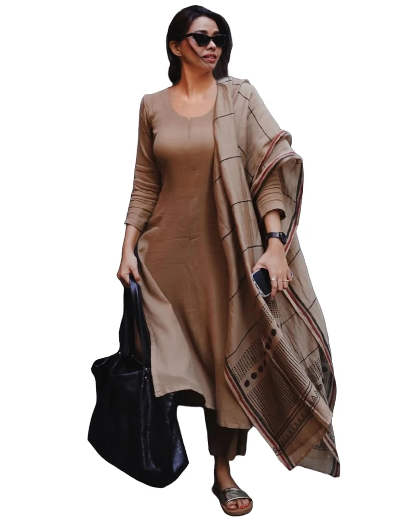 GoSriKi Women's Rayon Blend Straight Solid Kurta with Pant & Dupatta (Raja Saab Beige-GS_M_Beige_Medium)